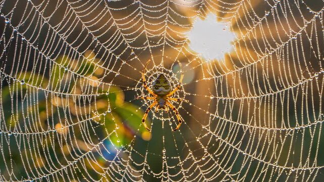 Dewsoaked Spider Web At Sunrise, Orbweaver Perched Center, Sun Flare Backlighting Golden Bokeh, Intricate Radial Silk Threads Studded With Dew Droplets, Garden Foliage Blurred, Serene Morning.