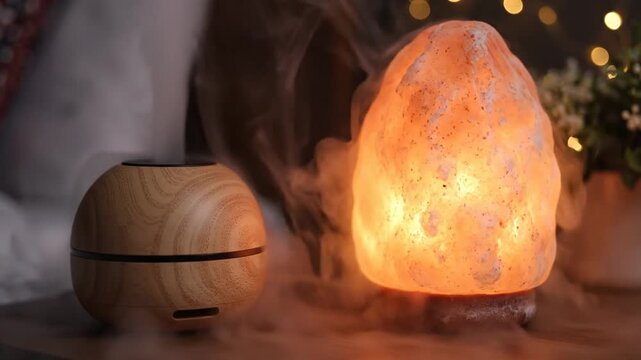 Aromatic diffuser and himalayan salt lamp with steam and warm glow