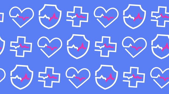 Seamless pattern with medical and healthcare line art icon on a blue background animation. Minimalist health insurance and wellness wallpaper with heart, shield, and cross symbols.