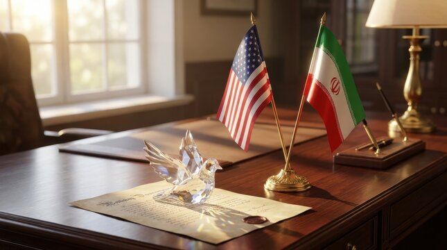 A crystal dove of peace resting on a diplomatic desk next to crossed USA and Iran flags, symbolizing an official peace agreement.