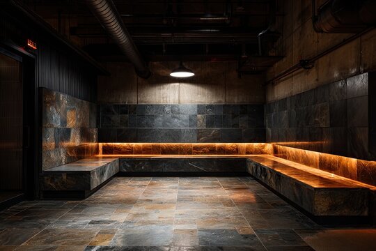 Industrial Bathroom Interior With Exposed Plumbing And Modern Stone Seating