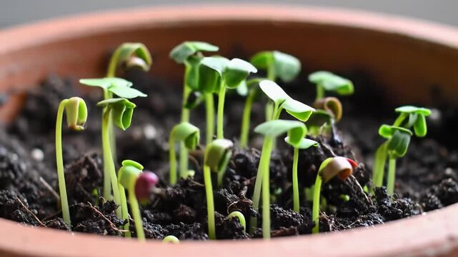 Extreme close-up macro time-lapse video of vibrant green seedlings unfurling cotyledon leaves from dark fertile soil in a natural pot with soft bokeh, subtle dolly push-in, illuminated by diffuse