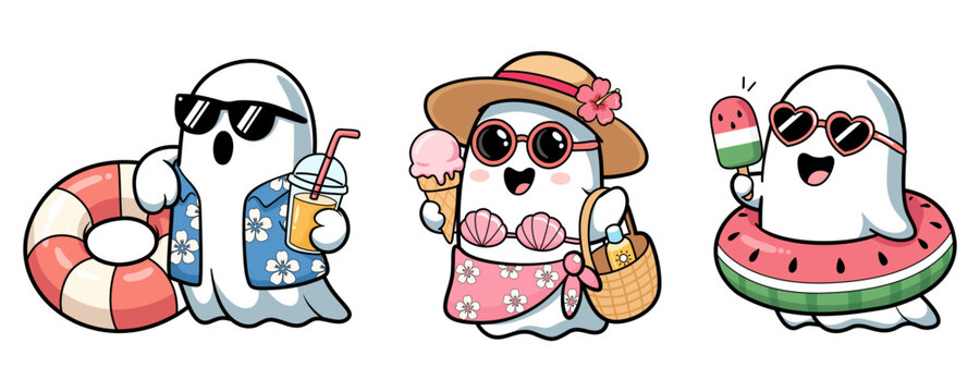 Cute summer ghost characters wearing sunglasses swimsuits and tropical accessories with ice cream drinks and pool float in kawaii cartoon style