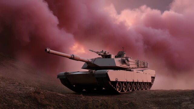 Powerful tank advancing through smoky battlefield under dramatic sky