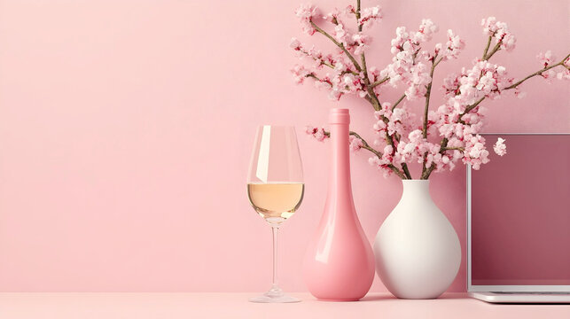 A sophisticated pink workspace features a glass of white wine, a sleek pink bottle, and cherry blossoms in a white vase, perfectly blending professional life with elegant leisure