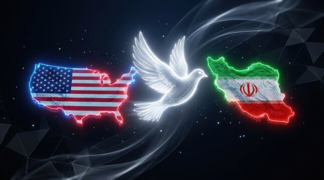 A conceptual 3D illustration of a glowing white dove flying between the flag-textured maps of the USA and Iran.