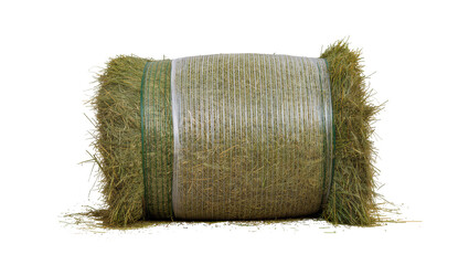 Large cylindrical hay bale wrapped in white netting and green twine, isolated on transparent background © Maria