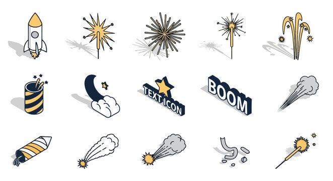Isometric fireworks and pyrotechnics set with rockets, sparklers, and explosions.