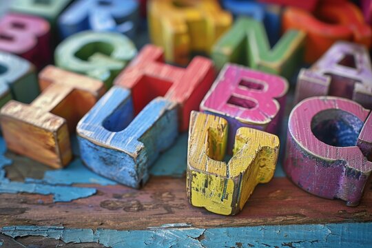 Colorful wooden alphabet blocks spelling various letters are shown resting on a blue painted surface