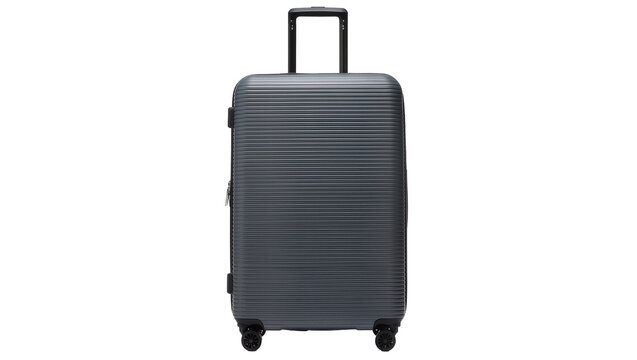 Dark gray ribbed hard-shell suitcase with telescopic handle and wheels, isolated on transparent background