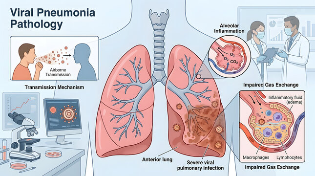 Viral Pneumonia Pathology: An insightful illustration of the human respiratory system, highlighting the mechanisms and impacts of viral pneumonia, showing detailed visualizations