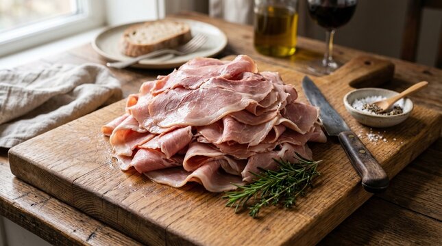 Savory Ham Platter: A tempting close-up shot of a sliced ham platter, artfully arranged on a wooden board alongside crusty bread and a glass of wine.