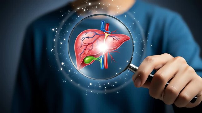 A person examines a detailed animation video of a human liver through a magnifying glass.