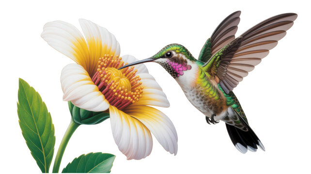 A vibrant hummingbird hovering near a beautiful white and yellow flower isolated on transparent background
