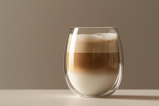 Freshly made latte macchiato coffee in double walled thermo glass on a table