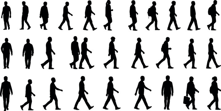 Collection of diverse walking people silhouettes in urban lifestyle motion study, showcasing human gait variations, commuting postures, and everyday pedestrian activity