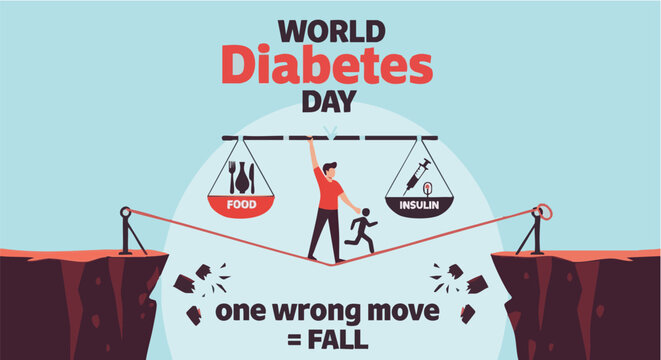 World Diabetes Day illustration with scales and tightrope walker in dramatic lighting for awareness campaign