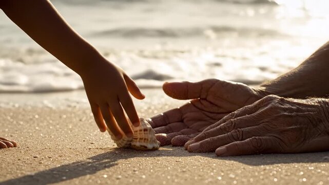 Young hand offering a seashell to an older hand on a sandy beach at sunset for intergenerational connection concept and shared discovery