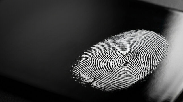 Cyanoacrylate fumed fingerprint white ridge detail on black polished ceramic surface forensic biometrics crime scene macro close-up photography.