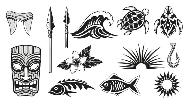 Polynesian Tribal Art Collection with Tiki Mask, Sea Turtle, Fish, and Spear.