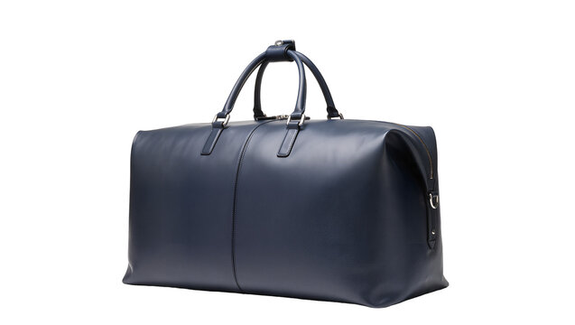 Dark blue textured leather duffel bag with silver hardware, isolated on transparent background