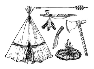 Native teepee with tribal campfire and tomahawk illustration. Indigenous arrow, pipe and knife sketch in vintage style. Rustic wilderness symbols with feathers and survival objects © EVGENIY