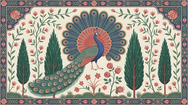 Vintage mughal garden wallpaper mural with peacock and floral tree wall decor for home interior design
