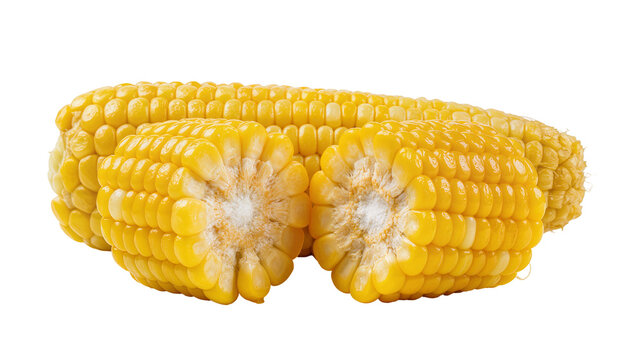 Two halves of a ripe yellow corn cob with visible kernels, isolated on transparent background