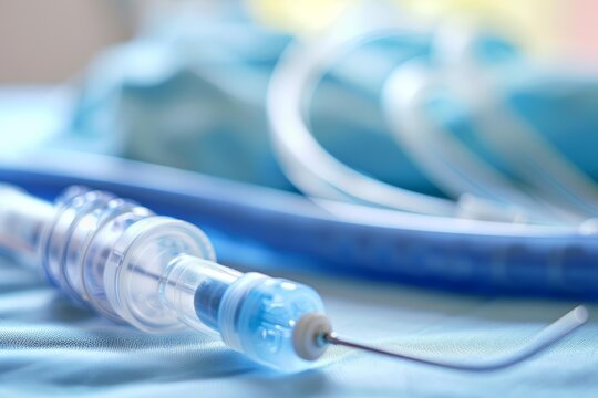 Epidural syringe and catheter laying on blue surgical drape, prepared for administering epidural anesthesia