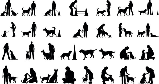 Collection of dog interaction silhouettes featuring walking, training, playing, sitting, agility exercises, obedience commands, and companionship activities in urban lifestyle illustration