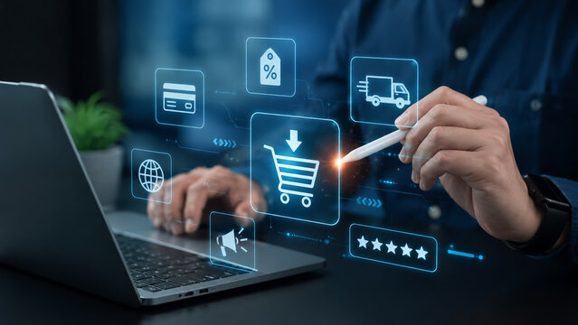 Businessman using a laptop to manage online shopping and e-commerce services.