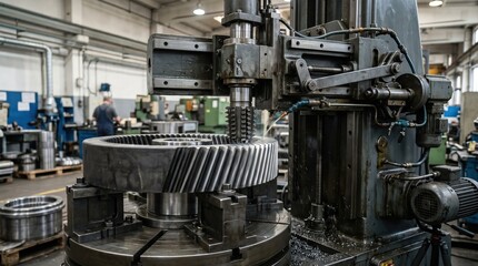 Obraz premium Medium shot of gear shaping machine refining internal drill gears highlighting synchronized tool movement and smooth metal surface finishing in controlled factory environment.
