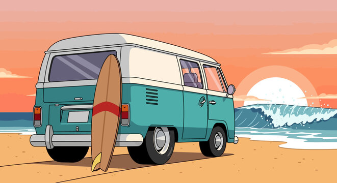 Vintage teal Volkswagen van with surfboard on beach at sunset