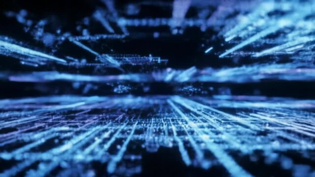 High-resolution cgi of intricate, luminous digital patterns and flowing neon-blue and electric-purple data streams in a dark void. slow tracking video, zooms, and pans reveal layered depth and glow.