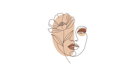 Minimalist line art illustration of a woman face with floral elements © Sucang