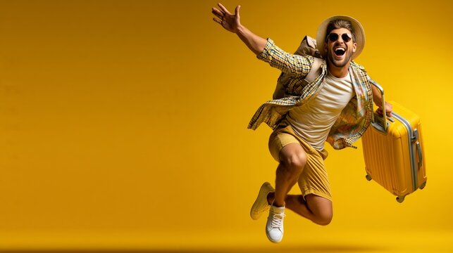 Male traveler in sunglasses and hat jumps joyfully while holding a yellow suitcase against a bright yellow background, showcasing a vibrant and energetic travel theme