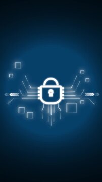 White glowing padlock icon connected to nodes. White glowing padlock icon for secure network. White glowing padlock icon for data distribution.