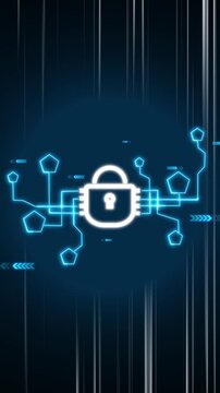 White glowing padlock icon with pentagonal nodes. White glowing padlock icon for network safety. White glowing padlock icon for technology.