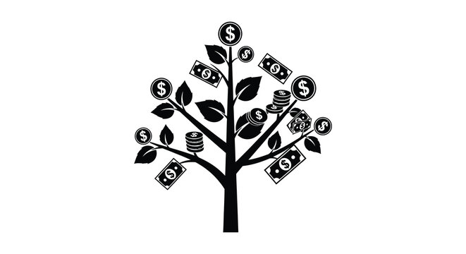 money tree silhouette with dollar signs and banknotes on white background