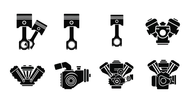 Engine piston and engine block icons black silhouettes on white
