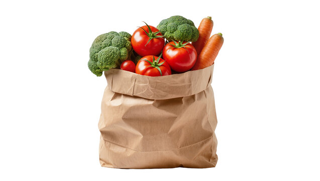 Brown paper grocery bag filled with fresh tomatoes broccoli and carrots, isolated on transparent background