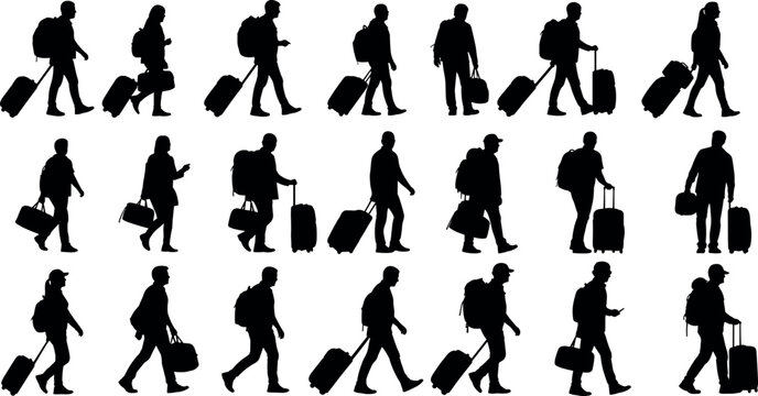 Collection of walking silhouettes carrying luggage, backpacks, and suitcases, showcasing diverse travel motion, commuting figures, and pedestrian lifestyle illustration