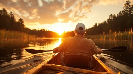 Fototapeta premium A serene image of a lone kayaker gliding across calm waters at sunset, reflecting the tranquility of nature and the peaceful solitude of outdoor adventure.