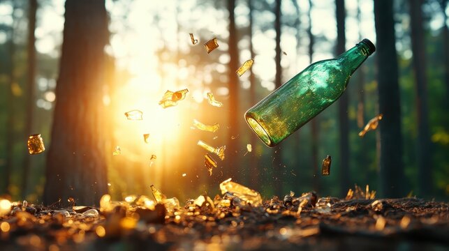 A dramatic capture shows a green glass bottle exploding into shards, illuminated by the soft sunlight filtering through the forest, emphasizing nature's raw beauty.