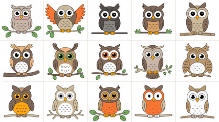 Obraz premium Cute Cartoon Owl Collection Sitting on Branch with Colorful Eyes and Various Brown Orange Gray Tone Vector Set