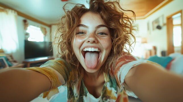This vibrant selfie exhibits a young woman with curly hair playfully showing her tongue, capturing the essence of cheerfulness, spontaneity, and everyday joy at home.
