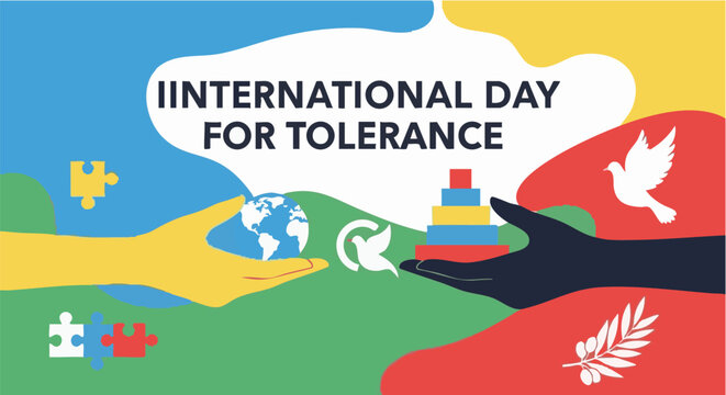 International Day for Tolerance colorful illustration with hands holding symbols of unity and peace in vibrant flat design for social media campaign