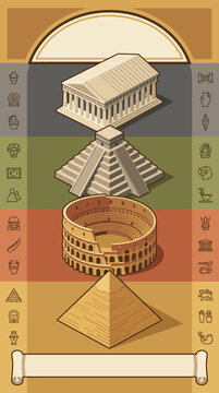Ancient Architectural Wonders Pantheon Chichen Itza Colosseum and Pyramid of Giza.