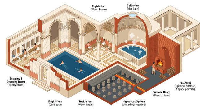 Detailed Isometric Cutaway Diagram of Ancient Roman Baths.