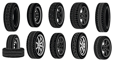 Car tires collection black and white silhouette on a white background © MdKabir